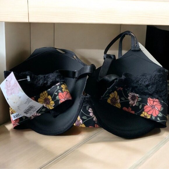 Kensie Multicolor Black Underwire Floral Lace Trim Padded Womens Bra NEW 34DD - Picture 5 of 8
